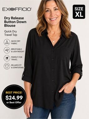 ExOfficio Black Dry Release Button Down Blouse Quick Dry Travel Top